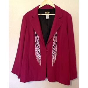 Bob Mackie Pink Crepe Blazer Size 1X One Button Wearable Art Bead Fringe Pockets